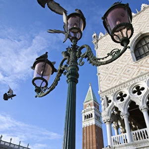 A typical lamp post in Saint Marks Square framing the Bell Tower of Saint Mark