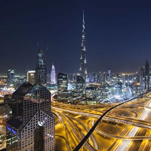 UAE, Dubai, Downtown Dubai, eleavted view over Sheikh Zayed Road and Burj Khalifa Tower