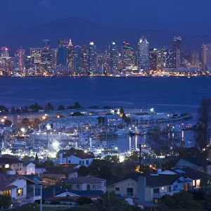 USA, California, San Diego, City and Shelter Island Yacht Basin from Point Loma, dusk