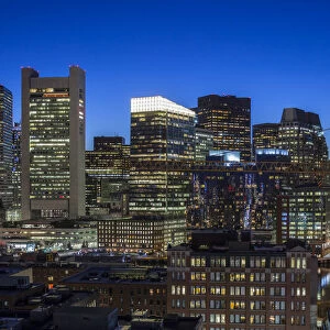 USA, Massachusetts, Boston, elevated city skyline from South Boston, dusk