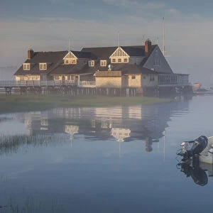 USA, Massachusetts, Cape Ann, Annisquam, Annisquam Yacht Club in summer fog