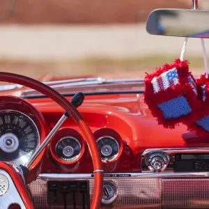 USA, Massachusetts, Cape Ann, Gloucester, antique car show, car with fuzzy dice