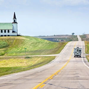 USA, North Dakota, The Closed James River Lutheran Church, Highway 200, Camper