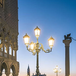 Venice, Veneto, Italy. Piazzetta San Marco and Doges palace at dusk