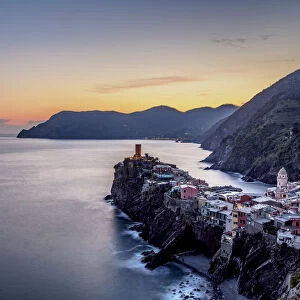 Vernazza at sunset, elevated view, Cinque Terre, UNESCO World Heritage Site, Liguria