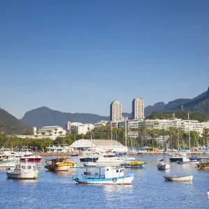 View of Christ the Redeemer statue across Botafogo Bay, Rio de Janeiro, Brazil