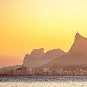 View towards Corcovado Mountain and Pedra da Gavea at sunset, seen from Niteroi