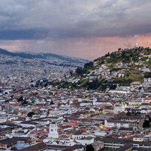 View over Old Town towards El Panecillo Hill at sunset, Quito, Pichincha Province