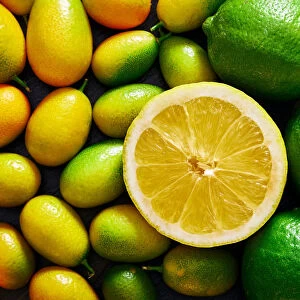 Top view of texture of lemon fruit with a background of citrus fruits