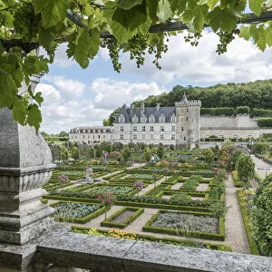 Villandry castle and its garden from a terrace. Villandry, Indre-et-Loire, France