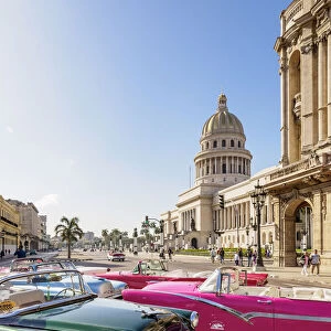Vintage cars at Paseo del Prado and El Capitolio, Havana, La Habana Province, Cuba