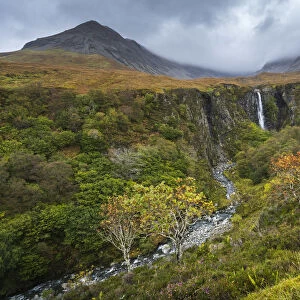 Waterfall Eas Mor in forest during autumn, Glen Brittle, Isle of Skye, Highland Region