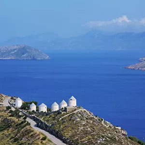 Windmills of Pandeli, elevated view, Leros Island, Dodecanese, Greece