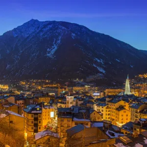 Winter view at dusk over Andorra La Vella, Andorra