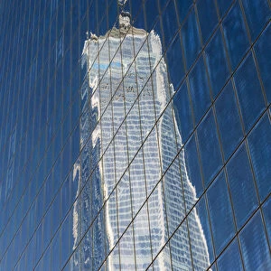 One World Trade Center or Freedom Tower reflected in a glassy building, Lower Manhattan