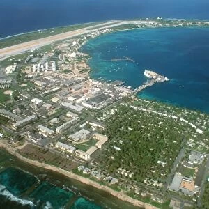 Aerial view of airport and military base in Kuwajelein island, Marshall Islands (N. Pacific)
