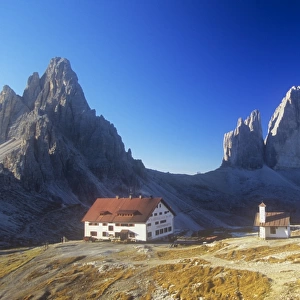 The Locateli hut below the Tre Cime de Laverado in the Italian Dolomites