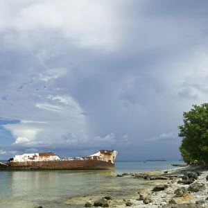 A ship wrecked by hurrican bepe on Funafuti atol Tuvalu