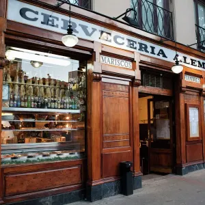 Print of Plaza de Santa Ana, Madrid featuring Cerveceria Alemana bar Print of Plaza de Santa Ana, Madrid featuring Cerveceria Alemana bar