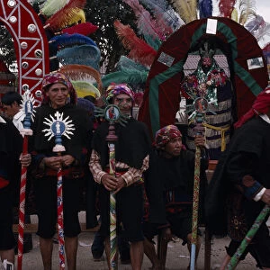 GUATEMALA, El Quiche, Chiche Quiche Indian Cofradia brotherhood in ceremonial dress