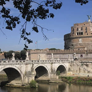 Italy, Lazio, Rome, Castel Sant Angelo with bridge & river Tiber