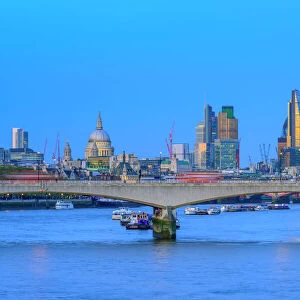 UK, England, London, City of London Skyline and Waterloo Bridge over River Thames