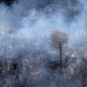 An aerial view shows a tract of Amazon jungle burning as it is cleared by farmers in