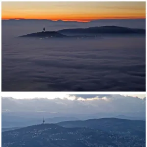 A combination picture shows a Sarajevo TV tower as smog blankets Sarajevo