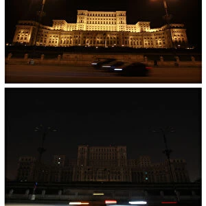 A combination of pictures shows Romanias Parliament building before