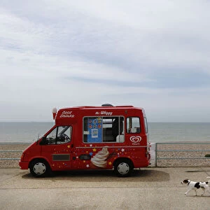 A dog passes by an ice-cream van by an empty beach at Brighton