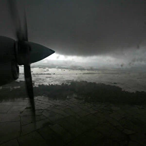 Propeller of Indonesian navy airplane is pictured in bad weather during search for