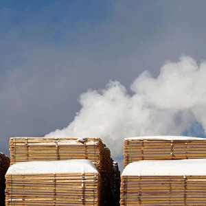 Softwood lumber is stacked at Groupe Crete, a sawmill in Chertsey, Quebec