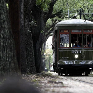 A Street Car travels down St. Charles Ave. in New Orleans