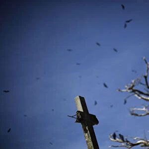 Vultures fly over a broken cross in the Municipal Cemetery in Guatemala City