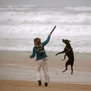 A woman plays with her dog during a storm in Zikim beach