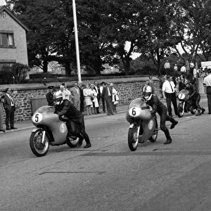 Mick Collins (AJS, 6) and Chris Clarke (Seeley) 1969 Junior Manx Grand Prix