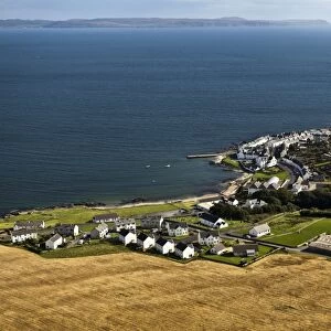 Aerial view of coastline and village, Port Charlotte, Isle of Islay, Inner Hebrides, Scotland