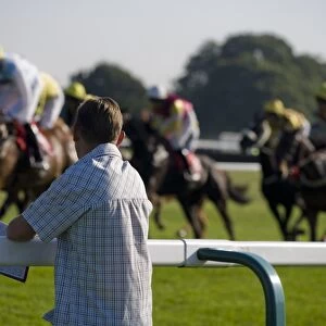 Horse racing, punter leaning on rail at racecourse, watching Thoroughbred racehorses during race, England, october