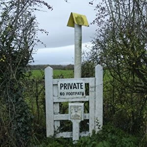 Private, No Footpath sign at site of oil pipeline, Slimbridge, Gloucestershire, England, january