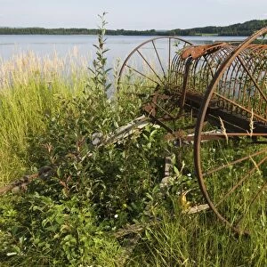 Rusty old-fashioned horse-drawn hay rake, at edge of water, Sweden