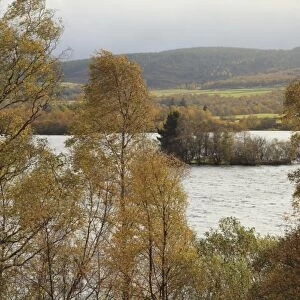 View of freshwater loch with crannog (prehistoric artificial island), Loch Kinord