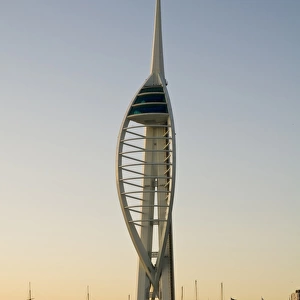 View of harbour and waterfront with Spinnaker Tower in evening light, Portsmouth Harbour, Portsmouth, Hampshire
