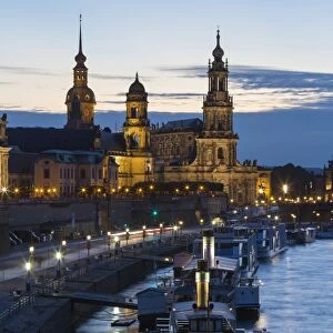 View of river with boats in city at night, Dresden Castle, Appellate Court and Dresden Cathedral, River Elbe, Dresden