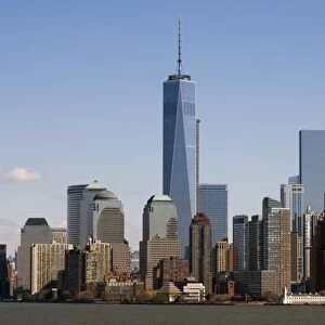 View of river and city skyline with One World Trade Center skyscraper, Hudson River, Lower Manhattan, Manhattan Island
