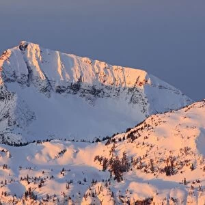 View of snow covered mountain peak at sunrise, Mount Regan, Vancouver Island Ranges, Vancouver Island