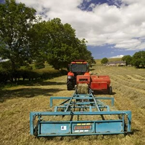 Zetor Proxima 75 tractor with flat eight bale system, baling in traditional hay meadow, Upper Teesdale, County Durham