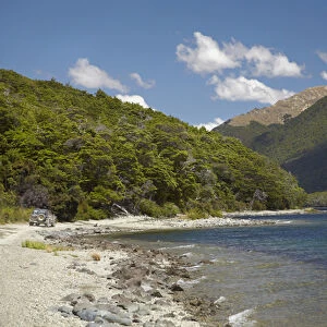 4WD on track around North Mavora Lake, and Livingstone Mountains, Southland, South Island