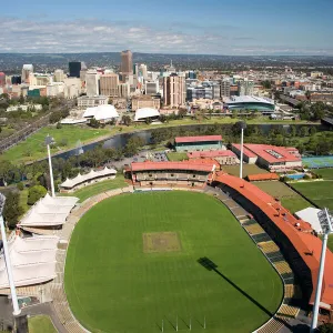 Adelaide Oval, River Torrens and Central Business District, Adelaide, South Australia, Australia - aerial