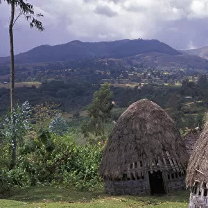 Africa, Ethiopia. Thatch huts of the Dorze tribe overlook the mountainous area of