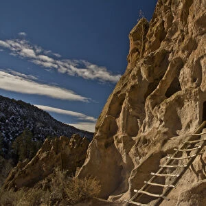 Ancient Pueblo, reconstructed ladder, Bandelier National Monument, New Mexico, USA